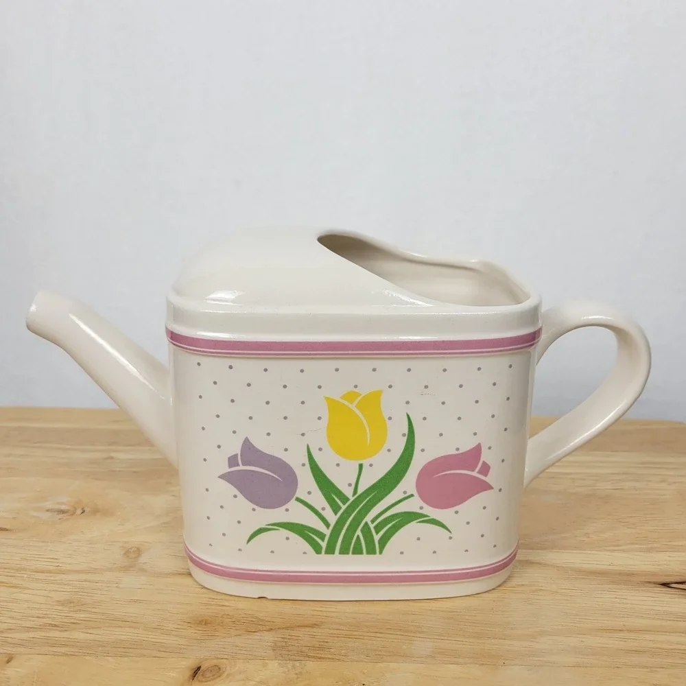 Vintage 1985 Teleflora Tulip Polka Dot Ceramic Watering‎ Can Vase Grandmacore